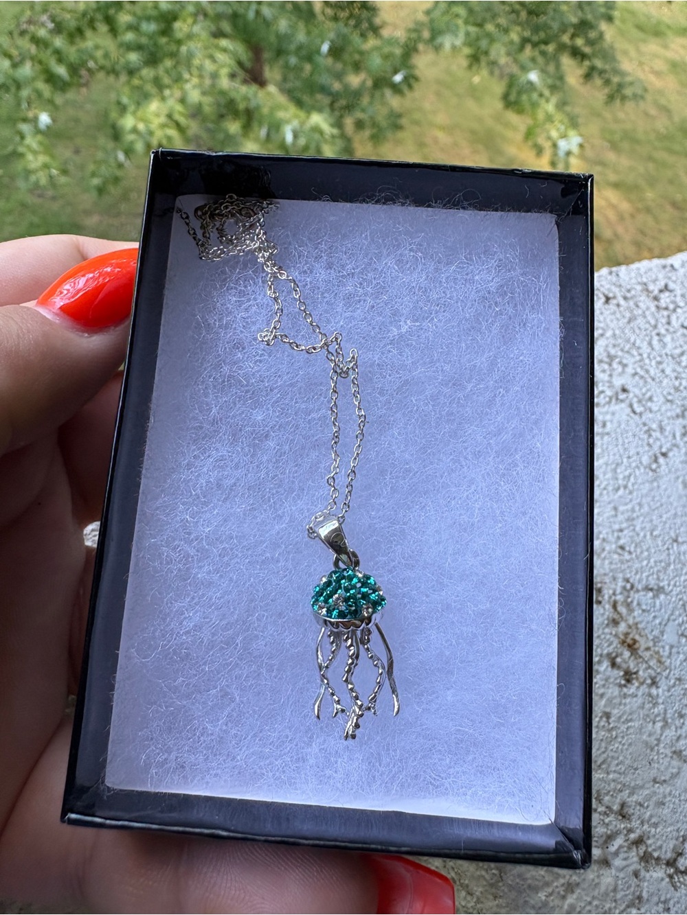 Silver Jellyfish Pendant Necklace with Teal Crystal Accents